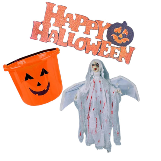 'happy halloween' sign, bucket and ghost bride bundle