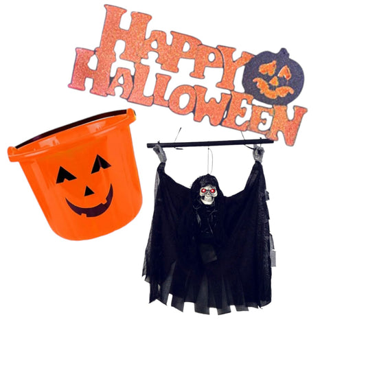 Halloween bucket, sign and animated skeleton bundle