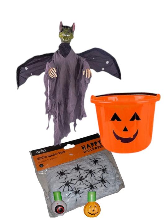 Zombie bat, spider web, bubbles and halloween bucket bundle