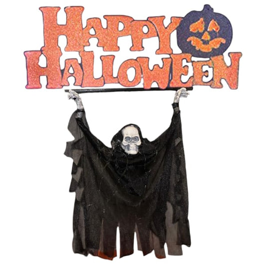 Skeleton and happy halloween sign