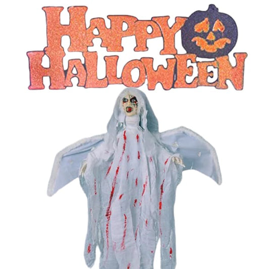 Ghost bride and happy halloween sign