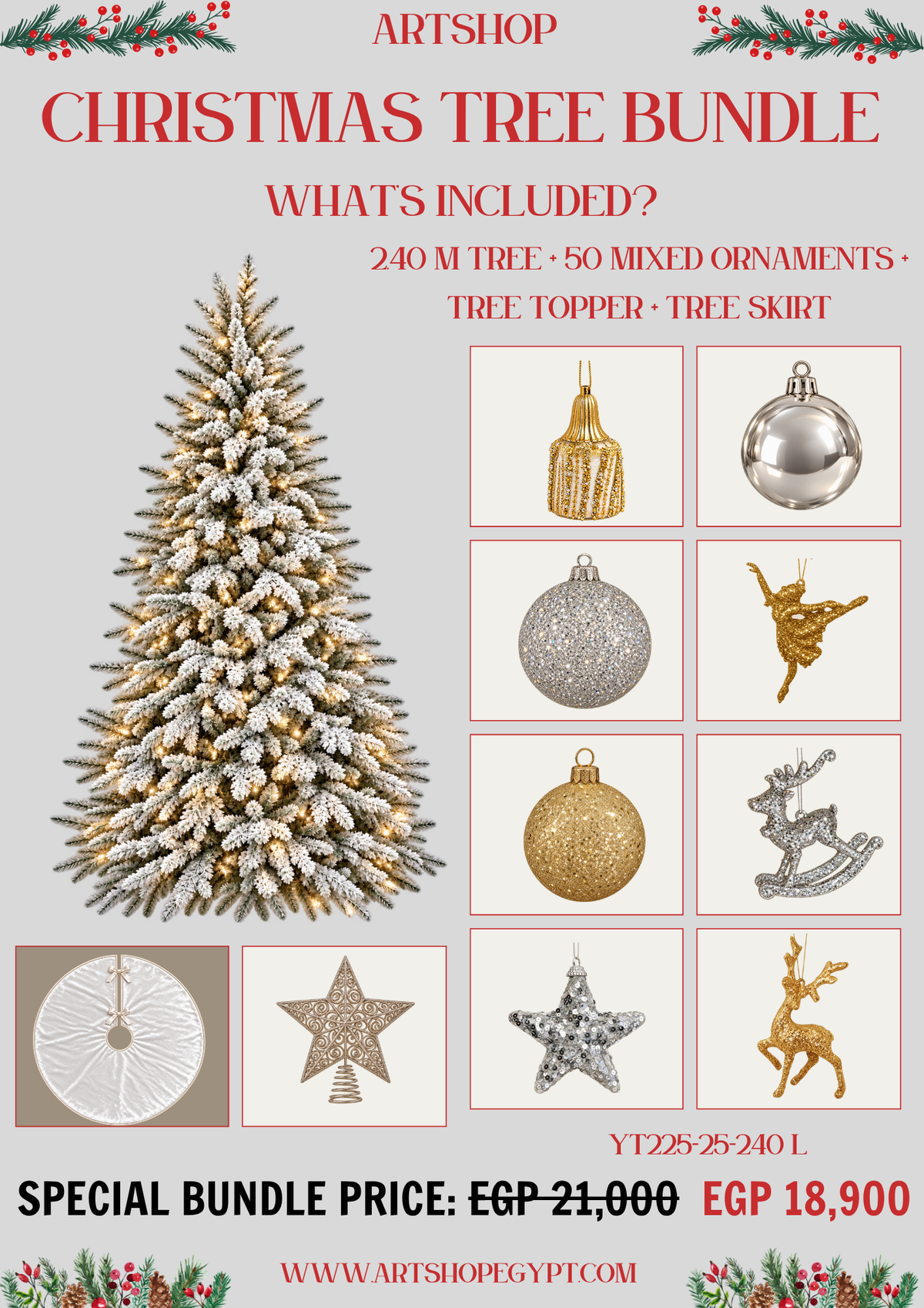 Snowy Elegance Christmas Tree Bundle – 2.40m (With Lights)