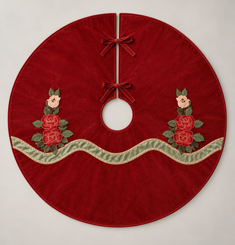 Red Velvet Floral Christmas Tree Skirt