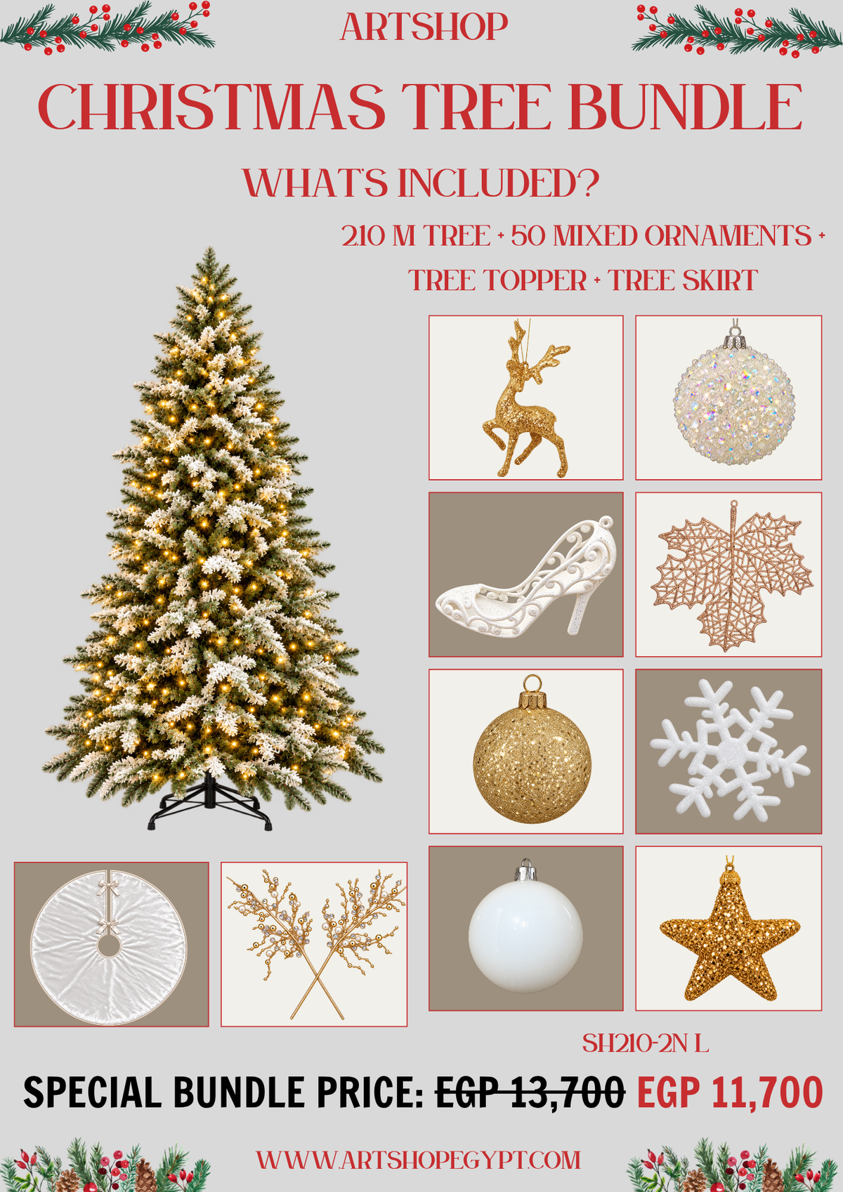 Golden Winter Christmas Tree Bundle – 2.10m (With Lights)