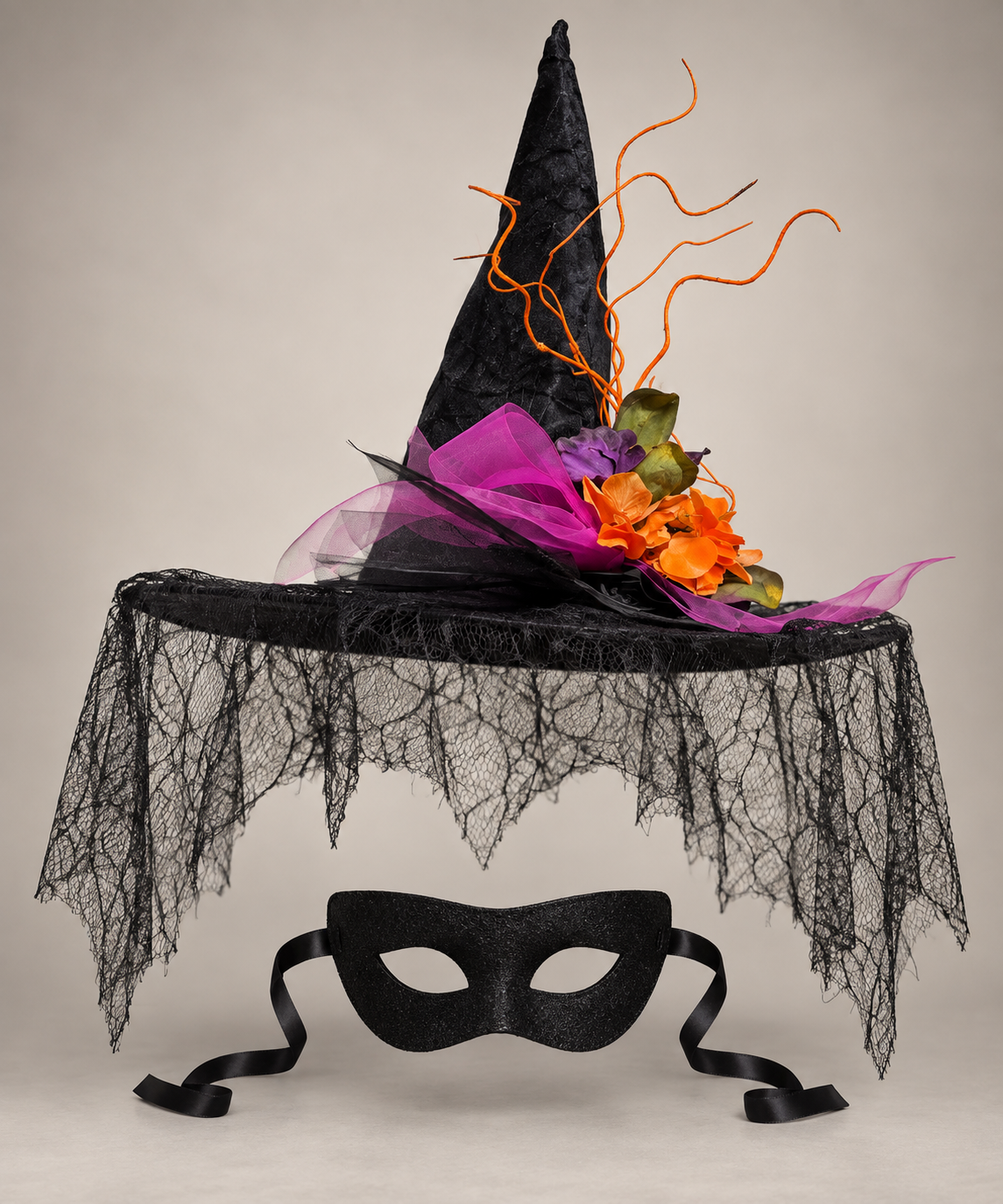 Floral Witch Hat & Black Mask Set