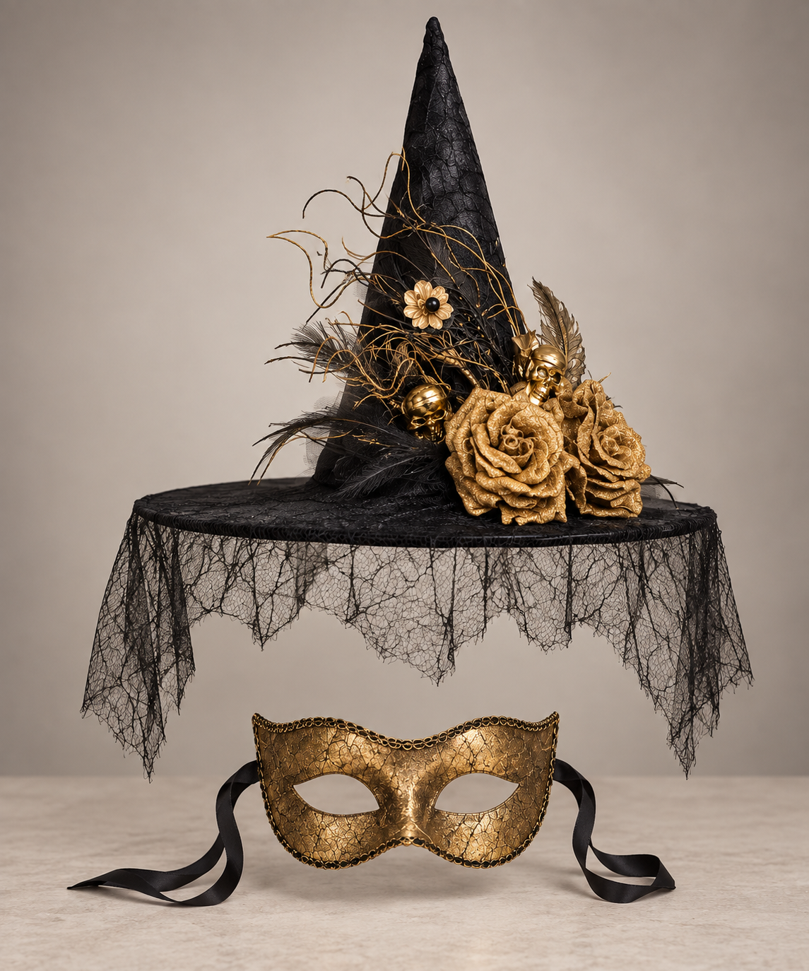 Gold Skull Witch Hat & Masquerade Mask Set