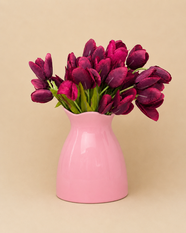 Burgundy Tulip Arrangement in Pink Ceramic Vase