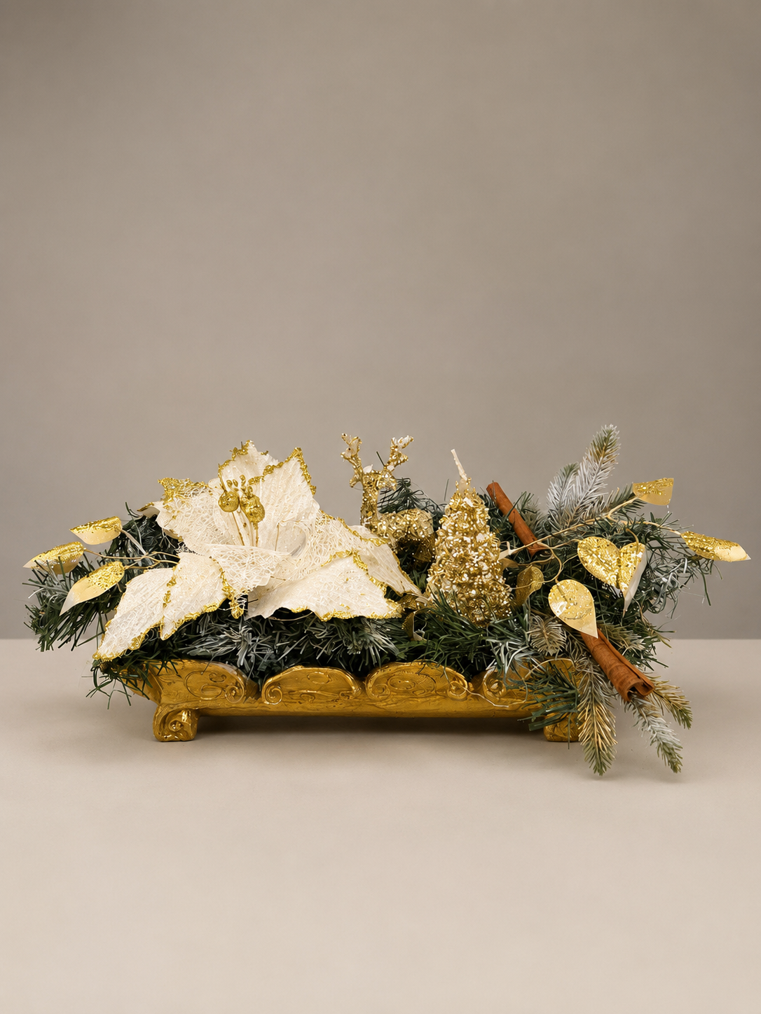 White Poinsettia & Gold Christmas Centerpiece