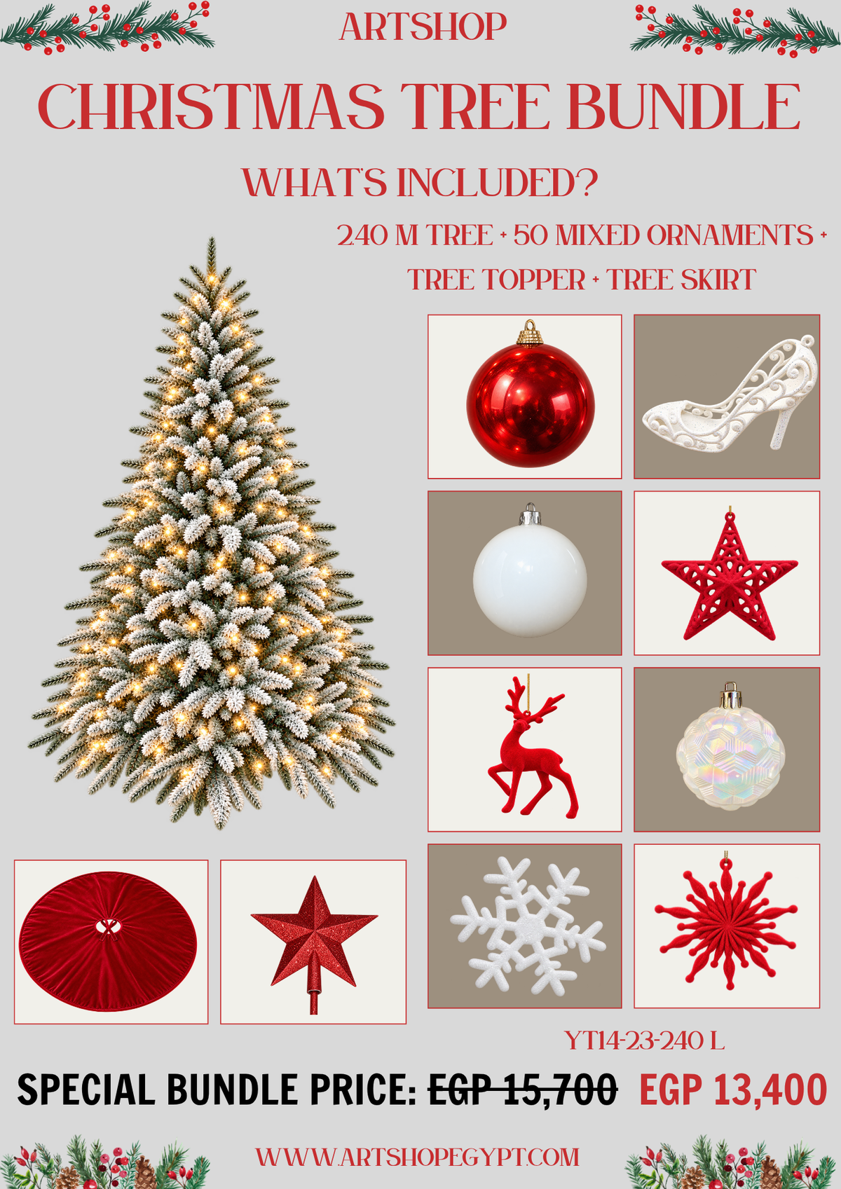 Crimson Snow Christmas Tree Bundle – 2.40m (With Lights)