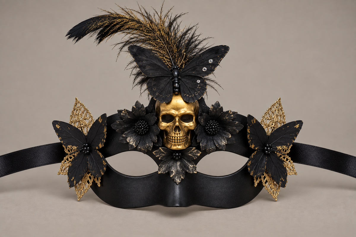 Black & Gold Skull Butterfly Masquerade Mask
