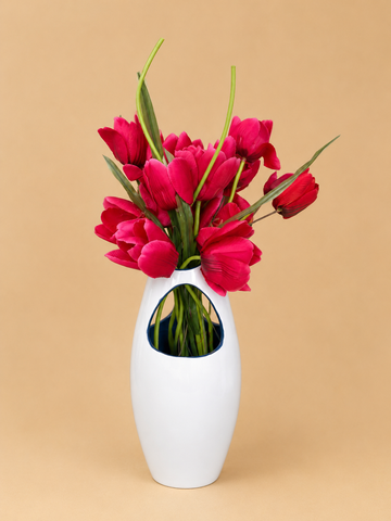 Red Tulip Arrangement in Modern Cutout Vase