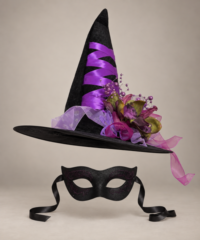Purple Witch Hat & Masquerade Mask Set
