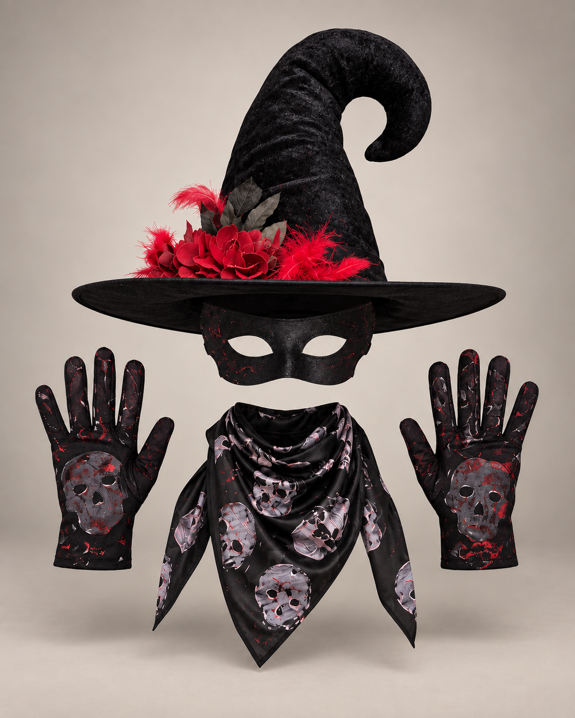 Skull Witch Hat, Mask & Gloves Set