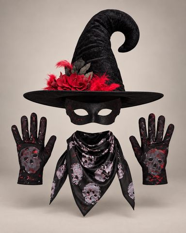 Skull Witch Hat, Mask & Gloves Set