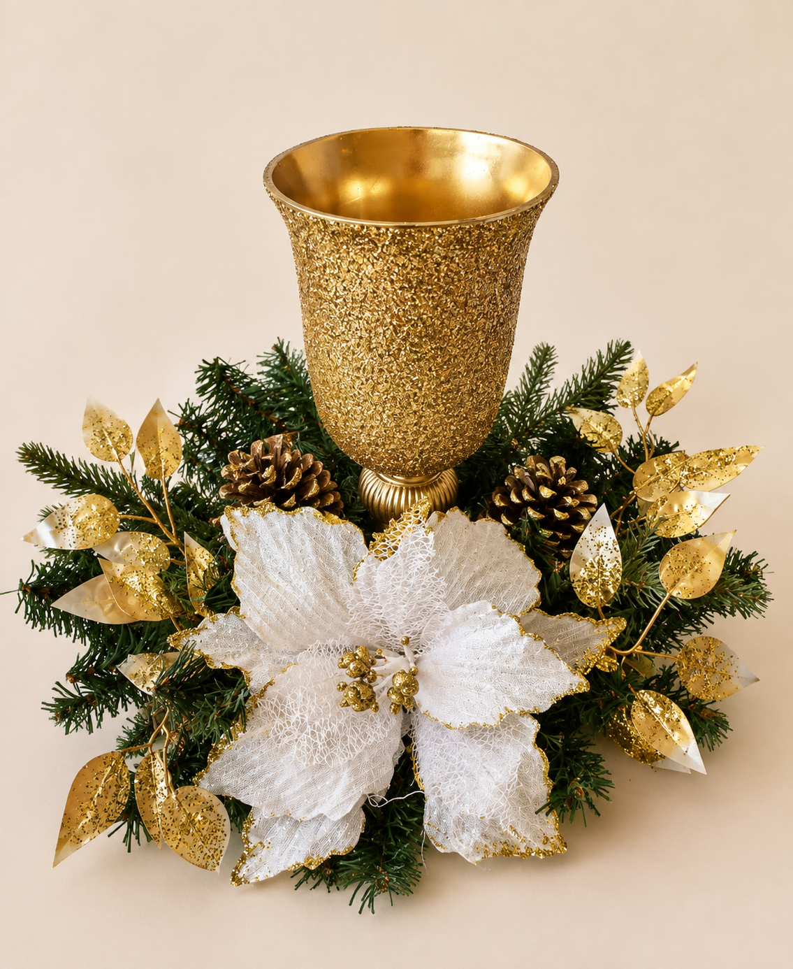 Gold & White Poinsettia Christmas Centerpiece