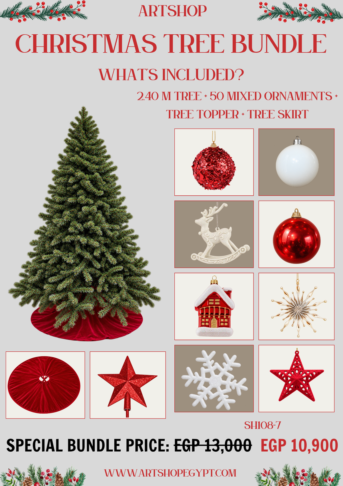 Holly Red Christmas Tree Bundle – 2.40m (Without Lights)