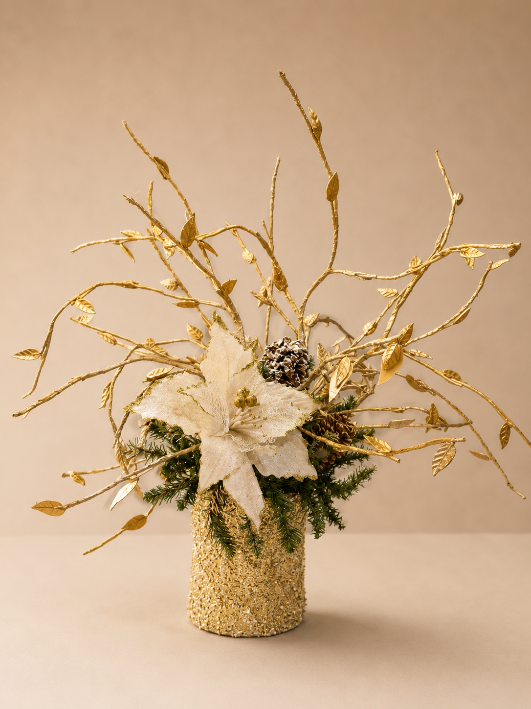 White Poinsettia & Gold Branch Christmas Arrangement