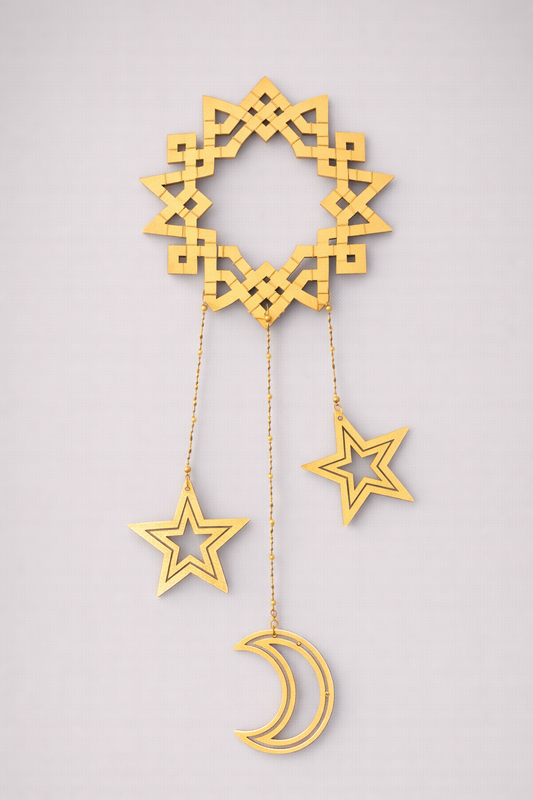 Wood Geometric Star & Crescent Hanging Ornament