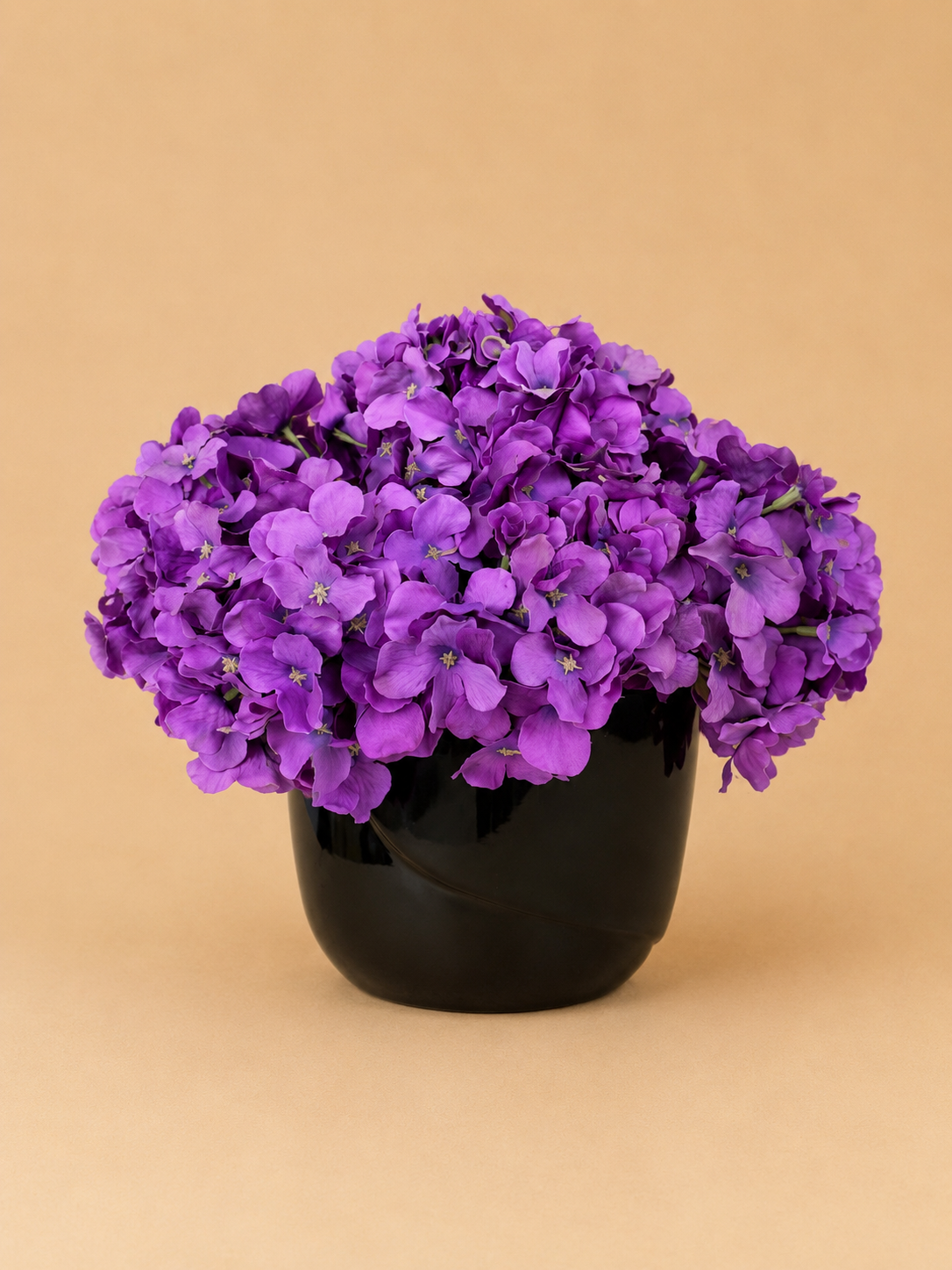 Purple Hydrangea Arrangement in Black Ceramic Vase