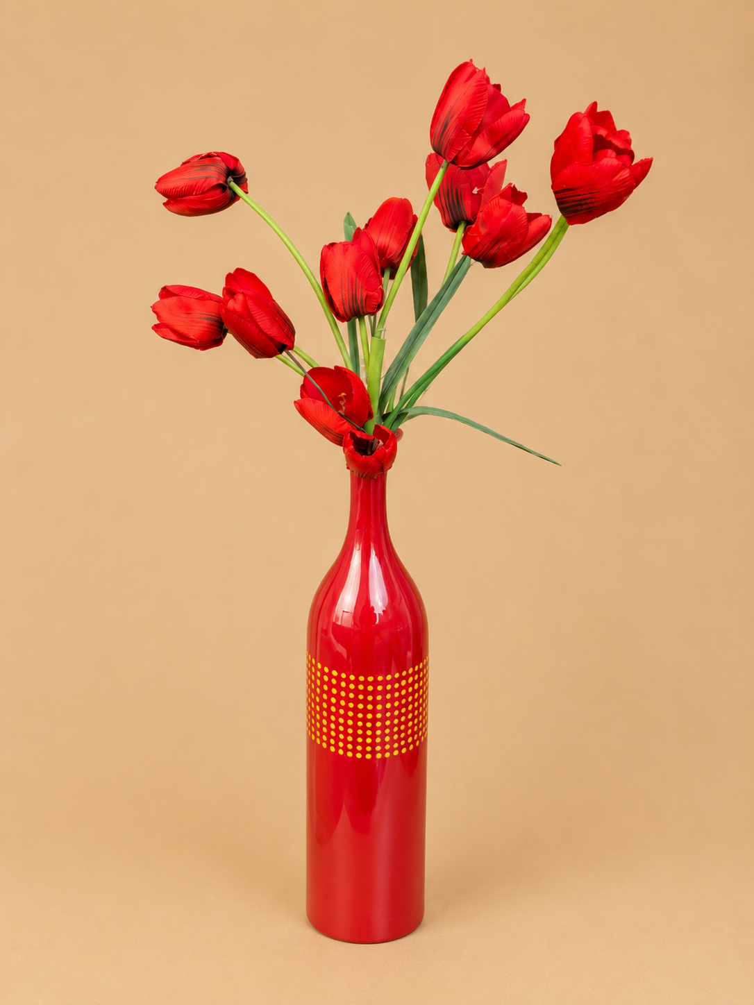 Red Tulip Arrangement in Contemporary Glass Vase