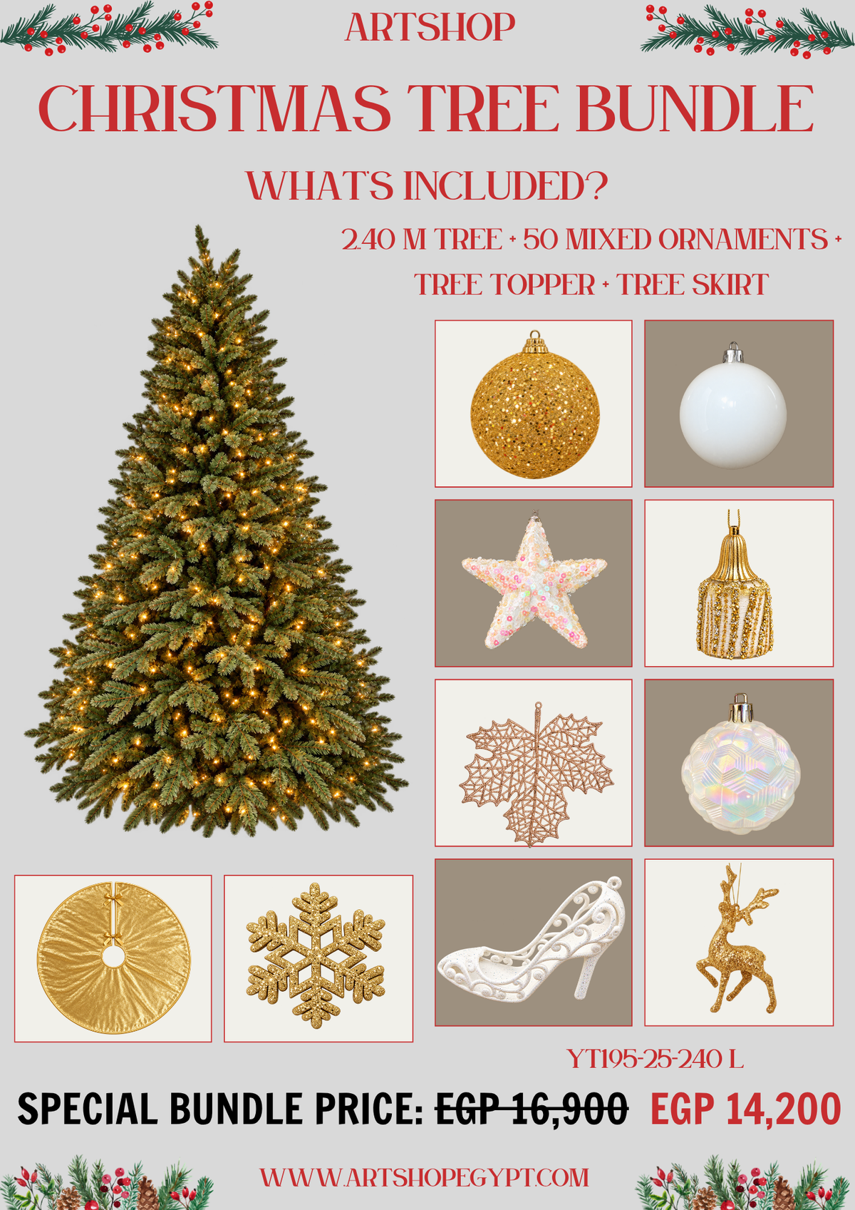 Golden Elegance Christmas Tree Bundle – 2.40m (With Lights)