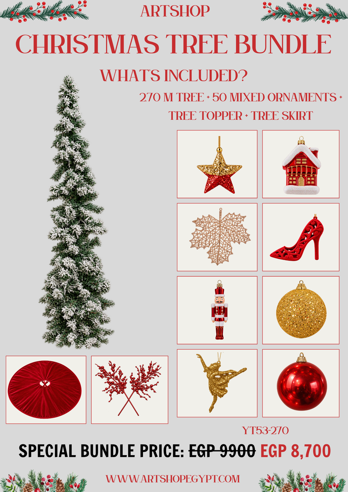 Scarlet Frost Christmas Tree Bundle – 2.70m (Without Lights)