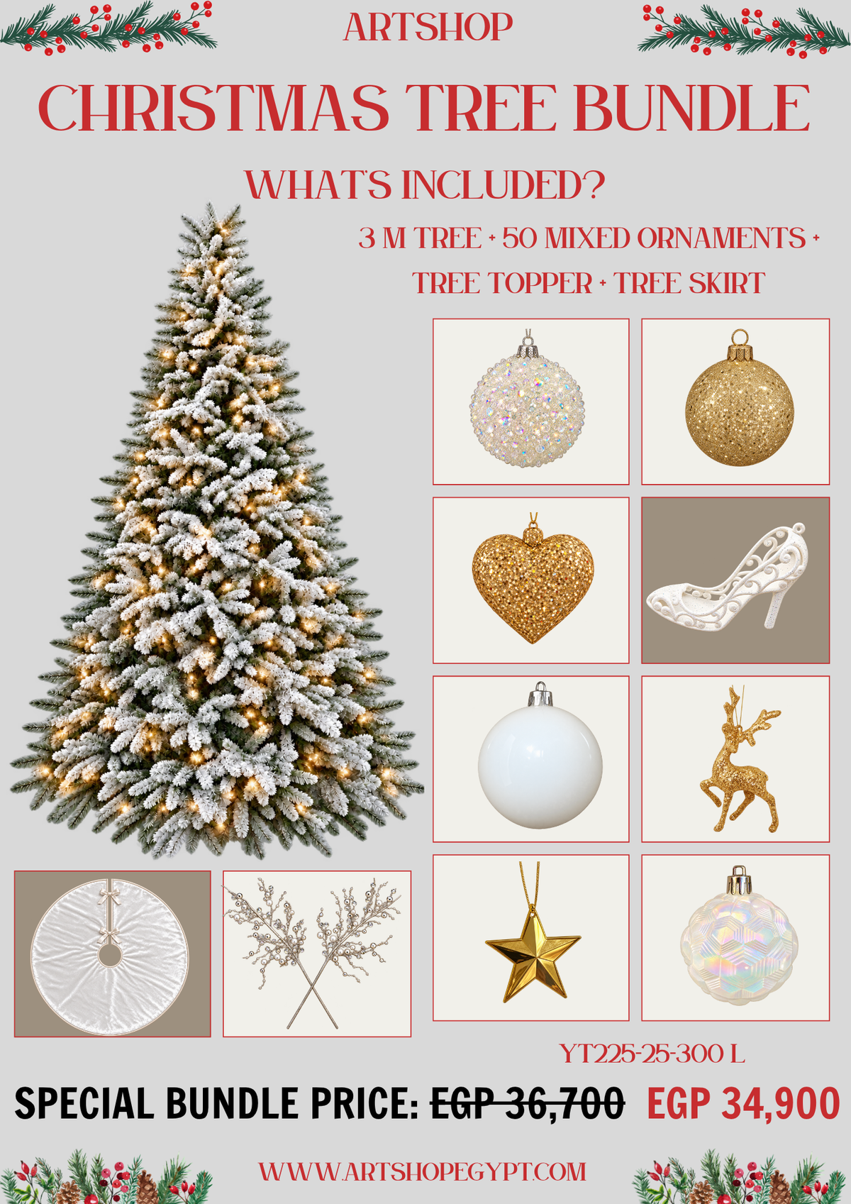 Winter Pearl Christmas Tree Bundle – 3.00m (With Lights)