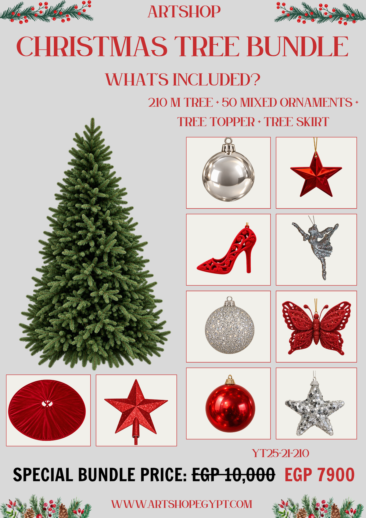 Ruby & Silver Christmas Tree Bundle – 2.10m (Without Lights)