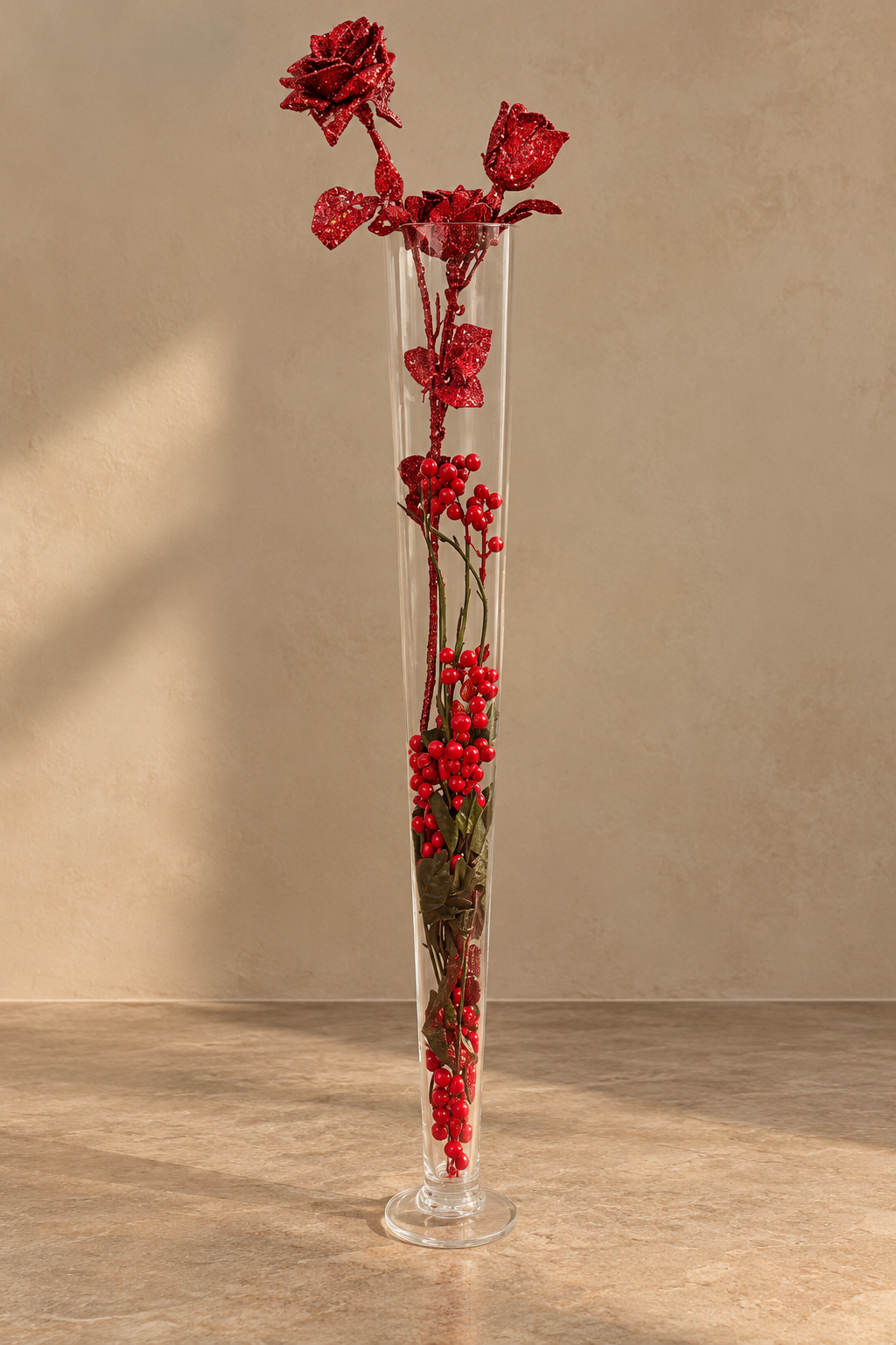 Red Glitter Rose & Berry Glass Vase Arrangement