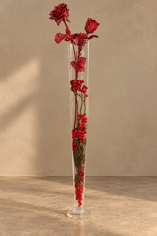 Red Glitter Rose & Berry Glass Vase Arrangement