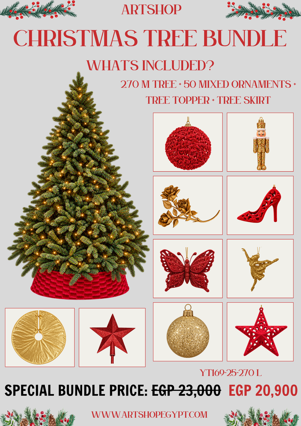 Festive Red & Gold Christmas Tree Bundle – 2.70m (With Lights)