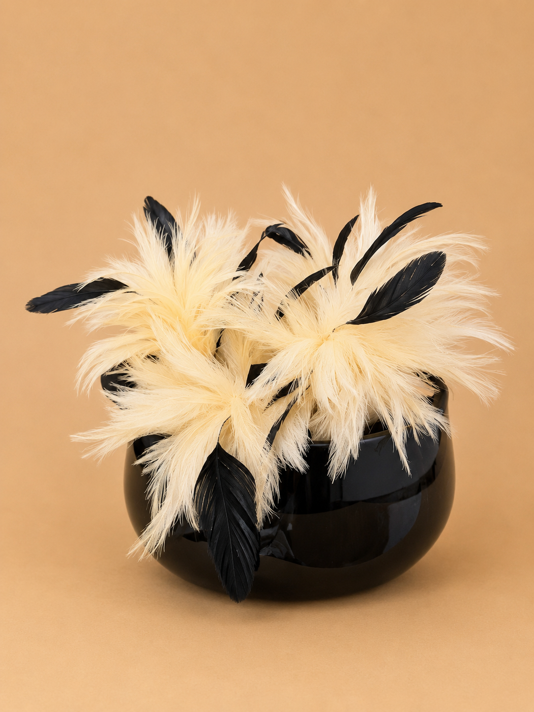 Monochrome Feather Arrangement in Black Glass Bowl