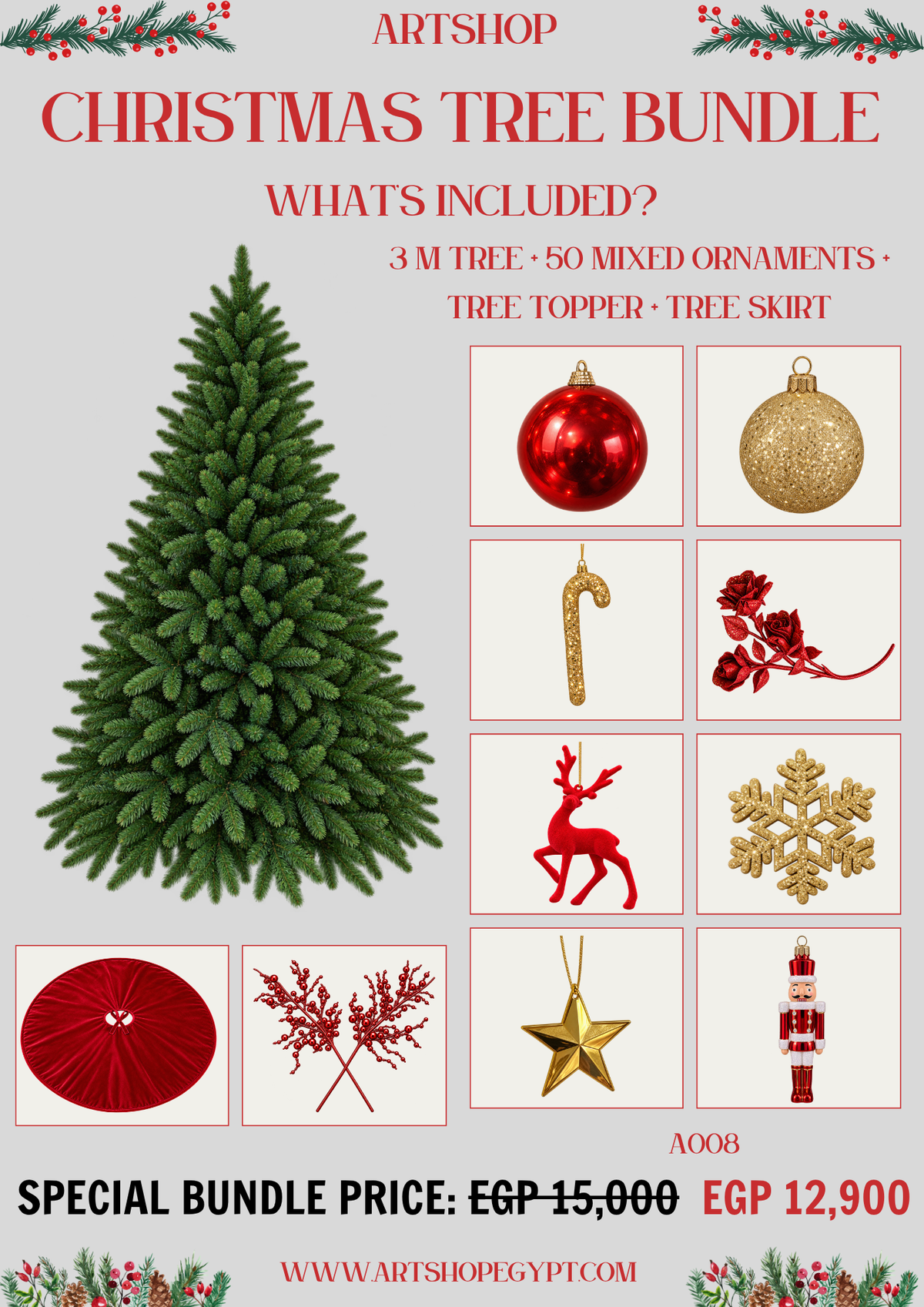 Classic Red & Gold Christmas Tree Bundle – 3.00m (Without Lights)