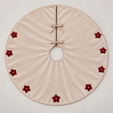 Ivory Satin Poinsettia Christmas Tree Skirt