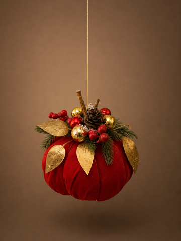 Red Velvet Christmas Ornament with Gold Leaves
