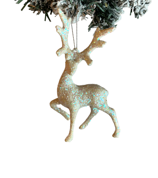WHITE GLITTER DEER ORNAMENT