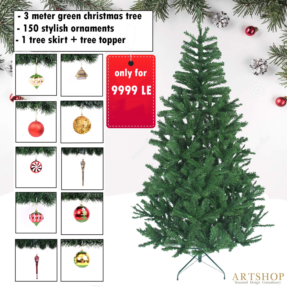 3 Meter Green Tree + 150 Ornaments + Skirt + topper