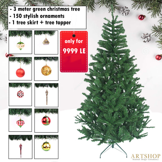 3 Meter Green Tree + 150 Ornaments + Skirt + topper