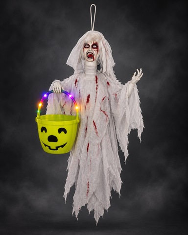 Hanging Bloody Ghost Bride with Light-Up Trick-or-Treat Bucket