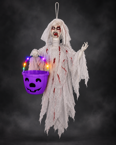 Hanging Bloody Ghost Bride with Light-Up Trick-or-Treat Bucket