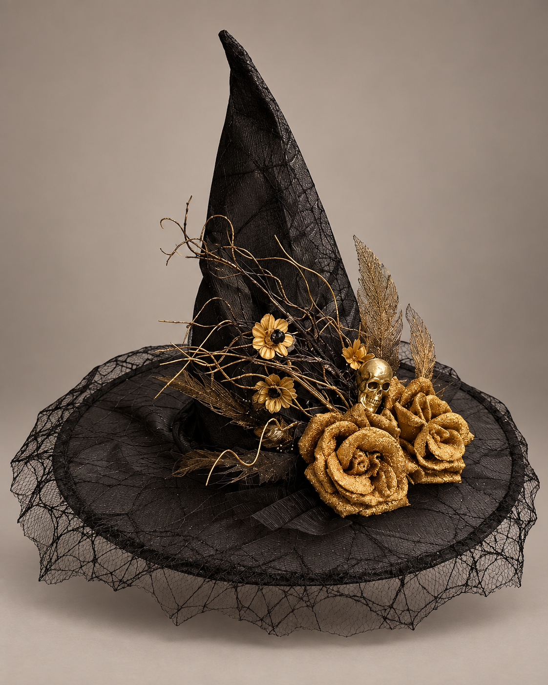Black & Gold Rose Witch Hat