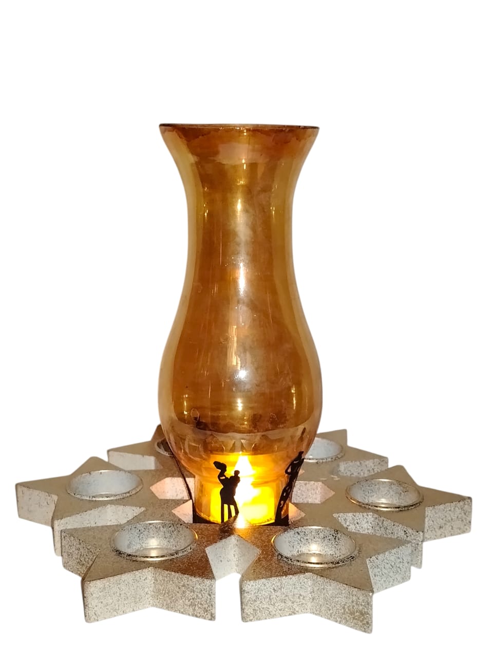 Star Base Candle Holder with Amber Glass Vase