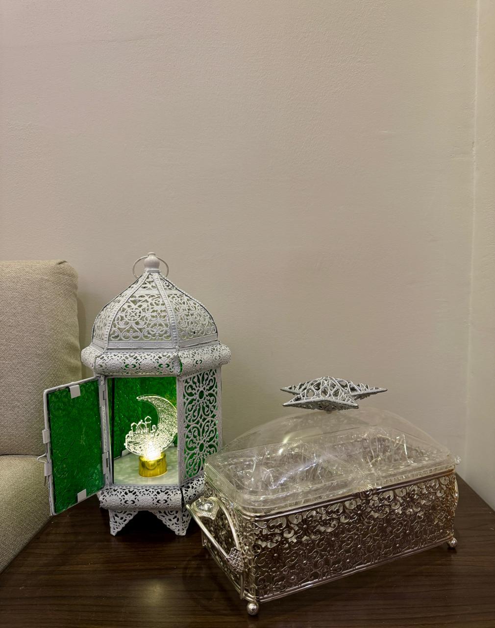 White Metal Lantern with Green Glass & Crescent Light