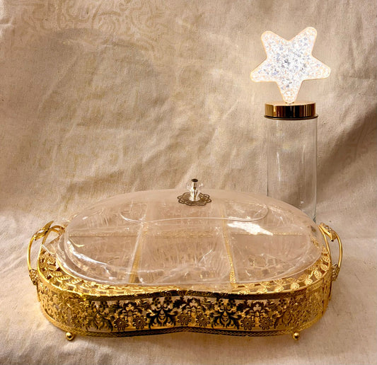 Ramadan gold tray with glass container and lit up star