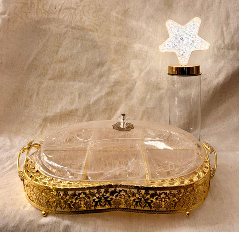Ramadan gold tray with glass container and lit up star