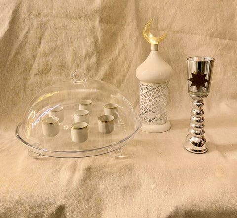 Ramadan tray with coffee cups, with white lantern and silver candle holder