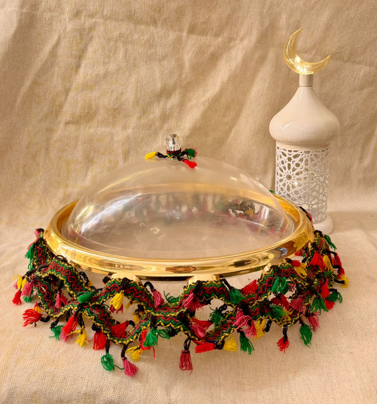 Ramadan  tray with green and red tasssles with white lantern