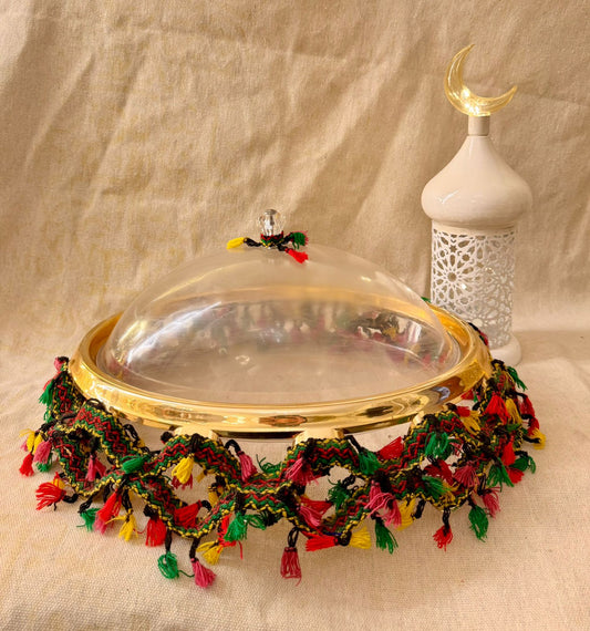 Ramadan  tray with green and red tasssles with white lantern
