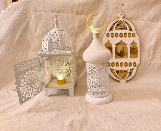 Ramadan 2 White Lanterns & Gold Foam Lantern for Hanging