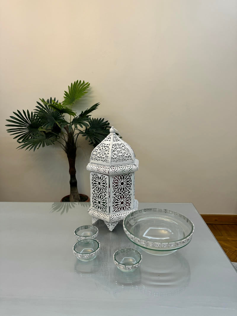White lantern with coffee cups